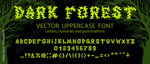 Vector font "Dark forest" inspired by death metal music culture. Letters, numerals and punctuations. Good for digital lettering, branding materials, t-shirt, print, logo, poster, flyer, album.