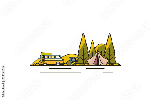 Sunny day landscape illustration in flat design,  outline stroke style with tent, campfire, mountains, forest and water. Background for summer camp, nature tourism, camping or hiking design concept.