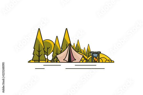 Sunny day landscape illustration in flat design,  outline stroke style with tent, campfire, mountains, forest and water. Background for summer camp, nature tourism, camping or hiking design concept.