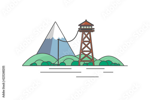 Vector Flat Art landscape with outline stroke design, with fire lookout tower
