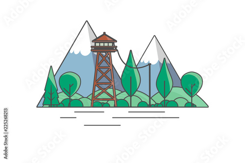 Vector Flat Art landscape with outline stroke design, with fire lookout tower