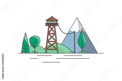 Vector Flat Art landscape with outline stroke design, with fire lookout tower