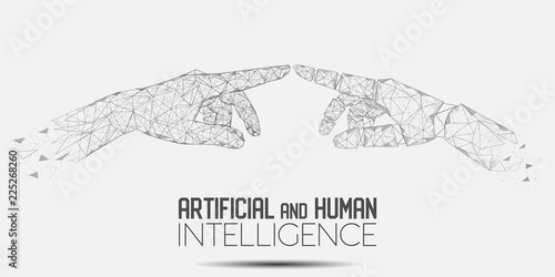 Robot and human touching hands vector polygonal background