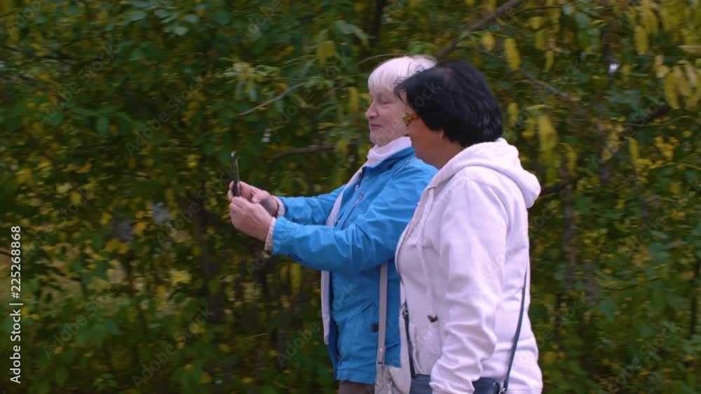 Happy active seniors walking and photographing on phone in autumn park Happy active seniors walking and photographing on phone in autumn park