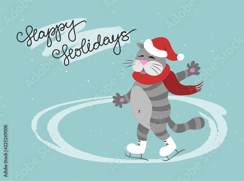 Funny cat skates in Santa's hat, with a scarf. Ice rink vector illustration. Happy winter holidays lettering.