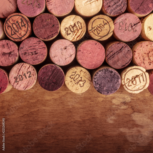 Wine corks background, overhead photo of red and white wine corks with copy space