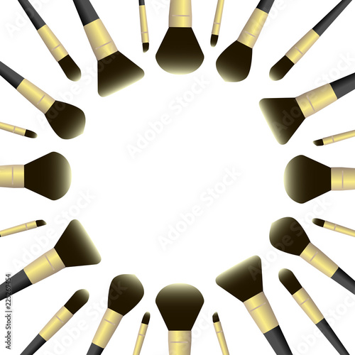 vector illustration template with professional makeup brushes for foundation, eyeshadows, blush, highlighter, serum, cream, brows. White background. Black and gold colors of tools. Circle arrangement