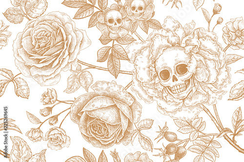 Floral seamless pattern with symbols of day dead. Skulls, blooming rose flowers and foliage.