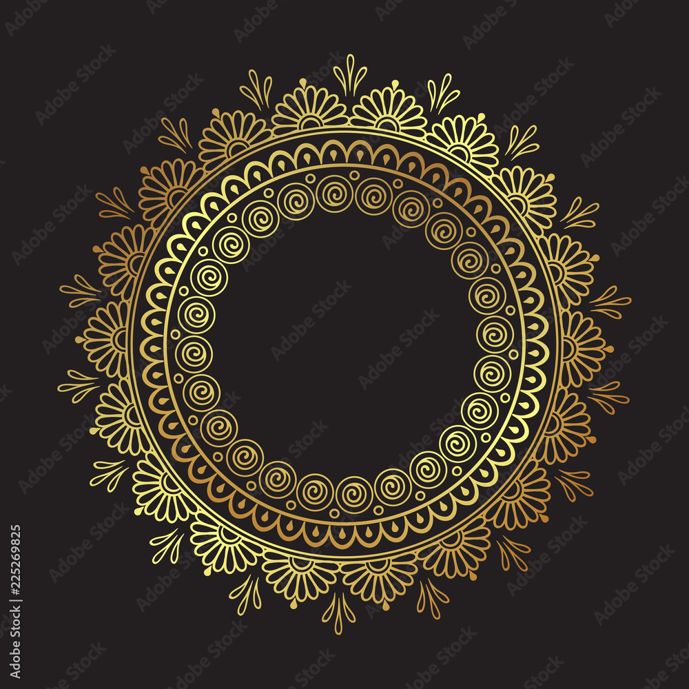 Decorative Indian round lace ornate gold mandala isolated over black background art frame design vector illustration. Decorative Indian round lace ornate gold mandala isolated over black background art frame design vector illustration.