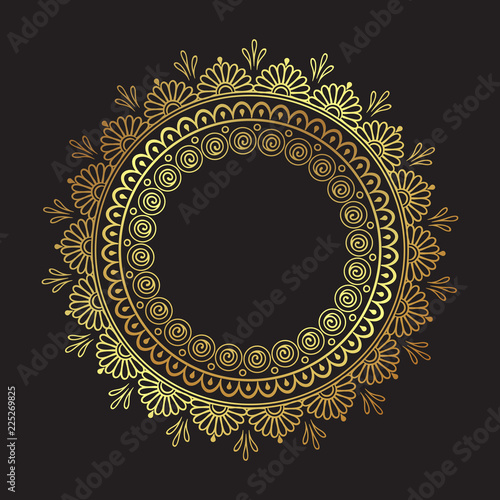 Decorative Indian round lace ornate gold mandala isolated over black background art frame design vector illustration.