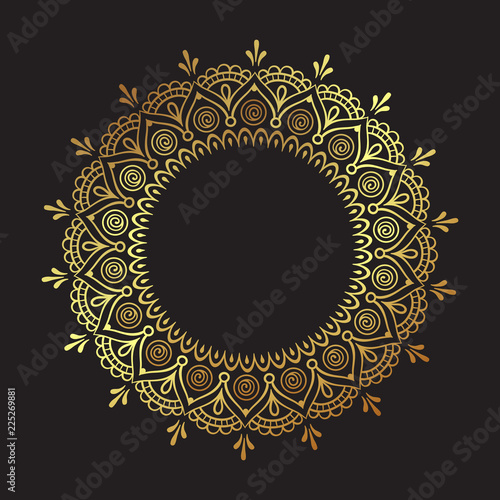 Decorative Indian round lace ornate gold mandala isolated over black background art frame design vector illustration.