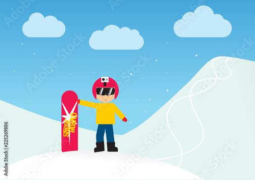 Cool vector snowboarder character standing full length on snowy mountain background | Flat design winter sport activity adult male person holding snowboard wearing ski clothing and equipment