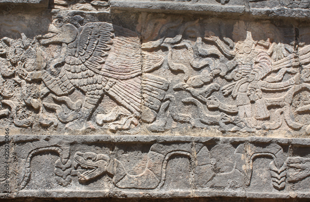 Bas-relief carving of eagle, chieftain and snake, Chichen Itza, Mexico