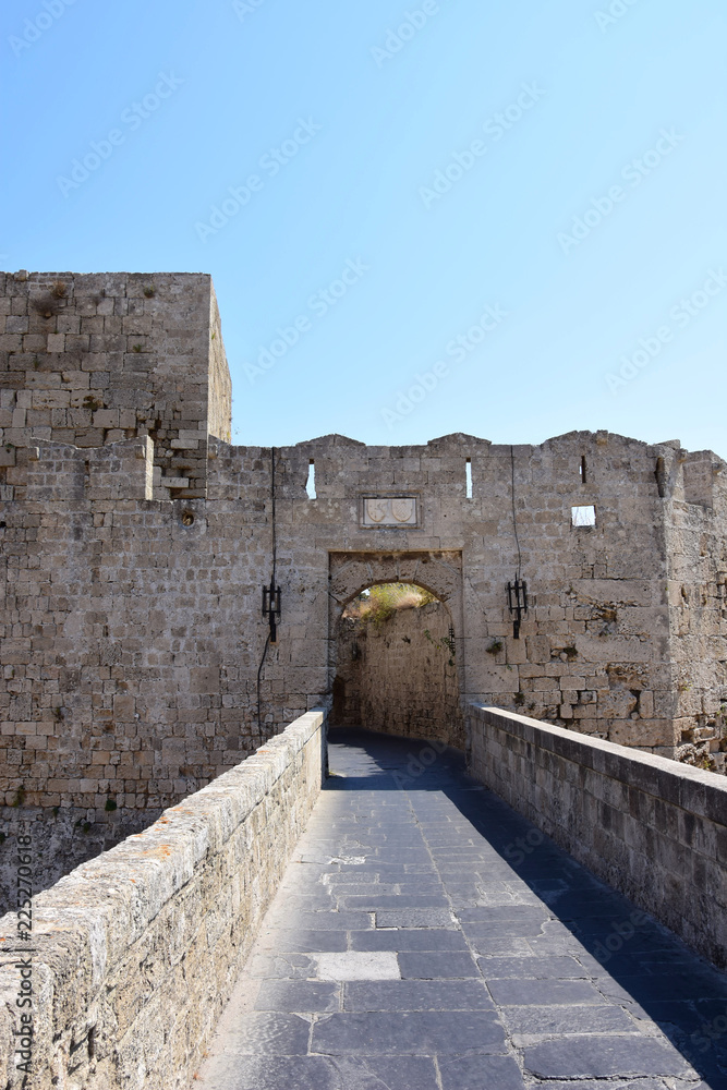 View of the gate of the old town, Rhodes, Greece.