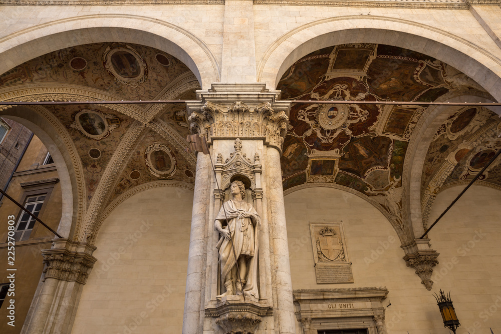 Sculptures decorating the Loggia della Mercanzia or Merchants lodge in Siena Italy