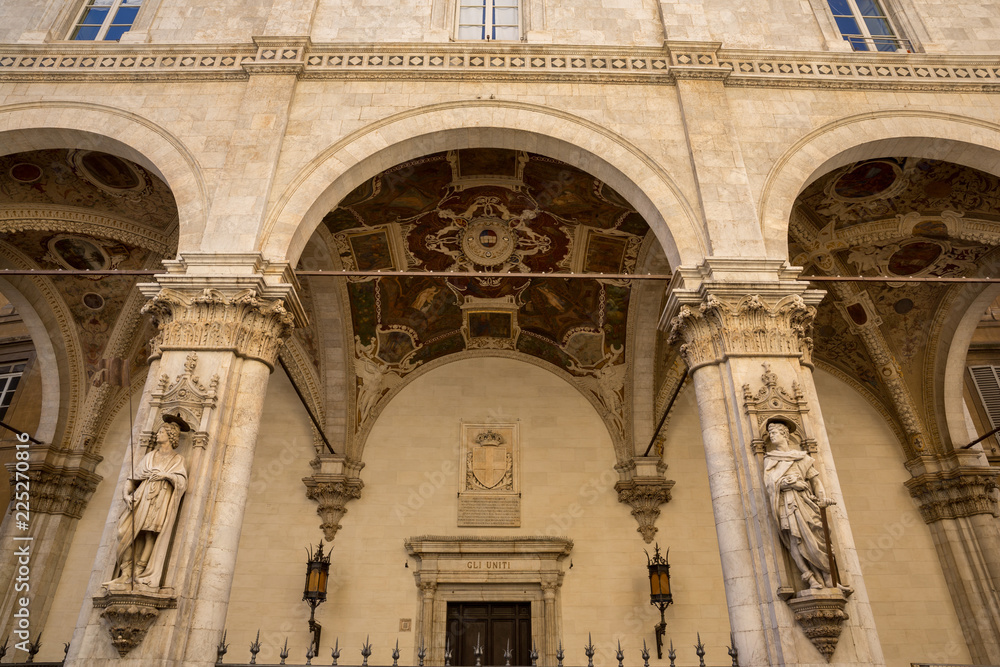 Sculptures decorating the Loggia della Mercanzia or Merchants lodge in Siena Italy