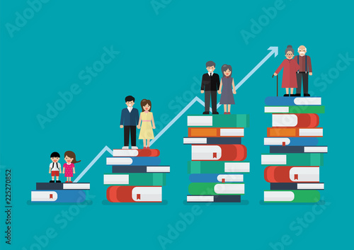 Development of people standing on a lot of books