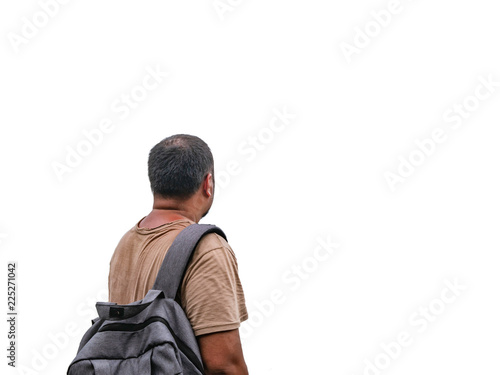 Back of Asian fat backpacker on isolated background