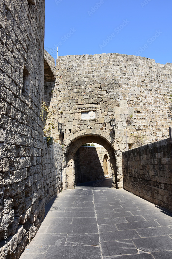 View of the gate of the old town, Rhodes, Greece.