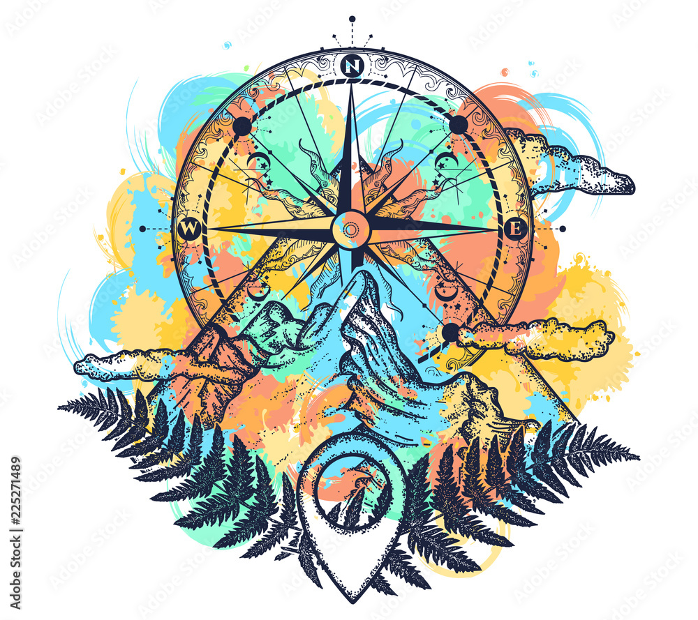Mountains and compass tattoo watercolor splashes style. Symbol of tourism,  rock climbing, camping. Mountain top and vintage compass t-shirt design  Stock Vector | Adobe Stock