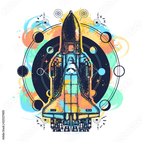 Space shuttle tattoo art watercolor splashes style. Symbol of space research, the flight to new galaxies. Space ship taking off on mission t-shirt design