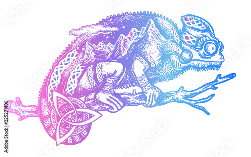 Chameleon lizard on a branch silhouette t-shirt design. Tourism symbol, tropical adventure, great outdoor, mountains. Chameleon double exposure tattoo art