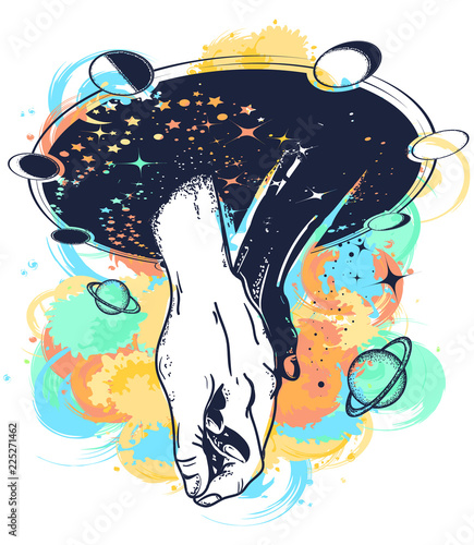 Black and white hands in space tattoo watercolor splashes style. Symbol of tolerance, friendship, multiculturalism, love, t-shirt design. Taking hands with love