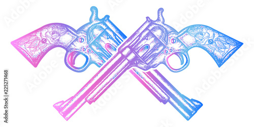 Crossed vintage revolvers handgun six shooter pistols hand drawn vector engraved style. Crime concept. Wild west weapon. Crossed guns tattoo and t-shirt design
