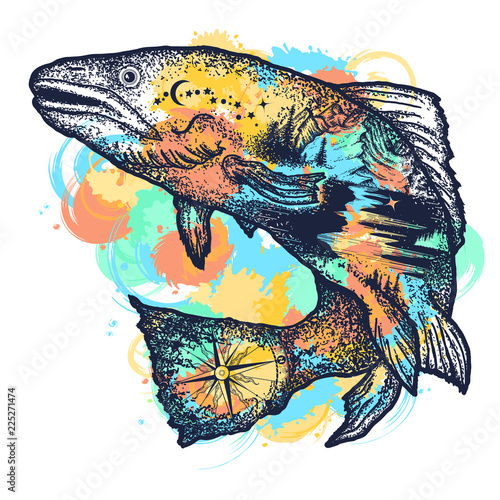 Trout double exposure tattoo art and t-shirt design watercolor splashes style. Symbol of fishing, tourism, wild nature, outdoor, travel. Salmon double exposure art