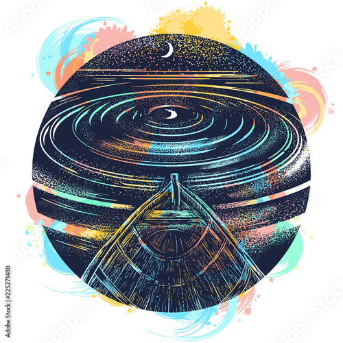Wooden boat floats to horizon watercolor splashes style. Symbol of dream, imagination, travel, meditation, t-shirt design. Moon at the night time on sea tattoo. Lunar reflection. Drop of water