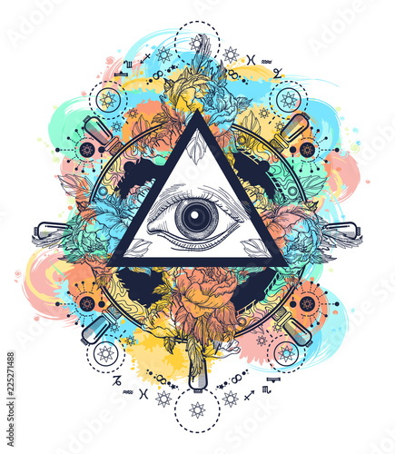 All seeing eye pyramid tattoo art watercolor splashes style. Freemason and spiritual symbols. Alchemy, medieval religion, occultism, spirituality and esoteric art. Magic eye t-shirt design