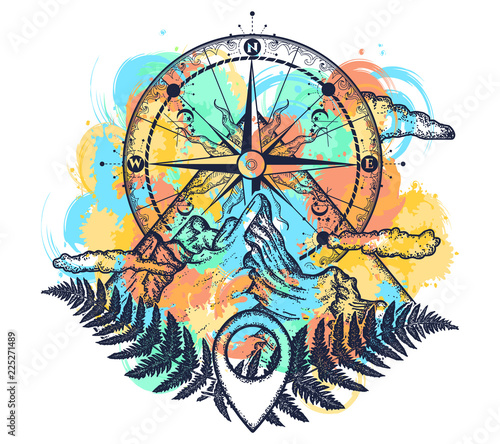 Mountains and compass tattoo watercolor splashes style. Symbol of tourism, rock climbing, camping. Mountain top and vintage compass t-shirt design