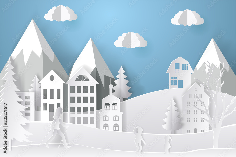 Winter landscape in paper style. Mountains, trees and houses. Layered cut out paper postcard. Vector illustration