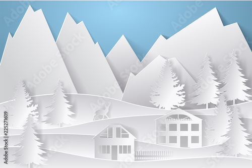 Winter landscape in paper style. Mountains, trees and houses. Layered cut out paper postcard. Vector illustration