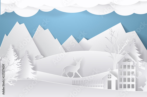 Winter landscape in paper style. Mountains, trees and houses. Layered cut out paper postcard. Vector illustration