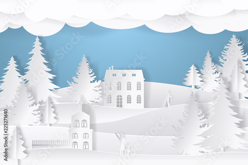 Winter landscape in paper style. Mountains, trees and houses. Layered cut out paper postcard. Vector illustration