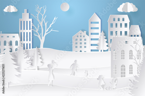 Winter landscape in paper style. Mountains, trees and houses. Layered cut out paper postcard. Vector illustration