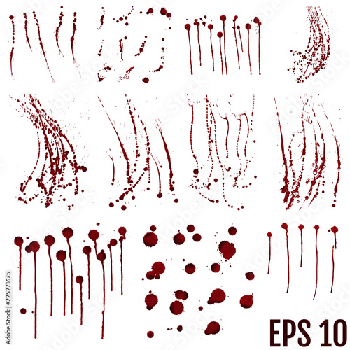 Set of various dripping blood splashes,collection of dripping drops and trail blood paint splatters on white background,,dripping blood seamless,Halloween blood vector concept
