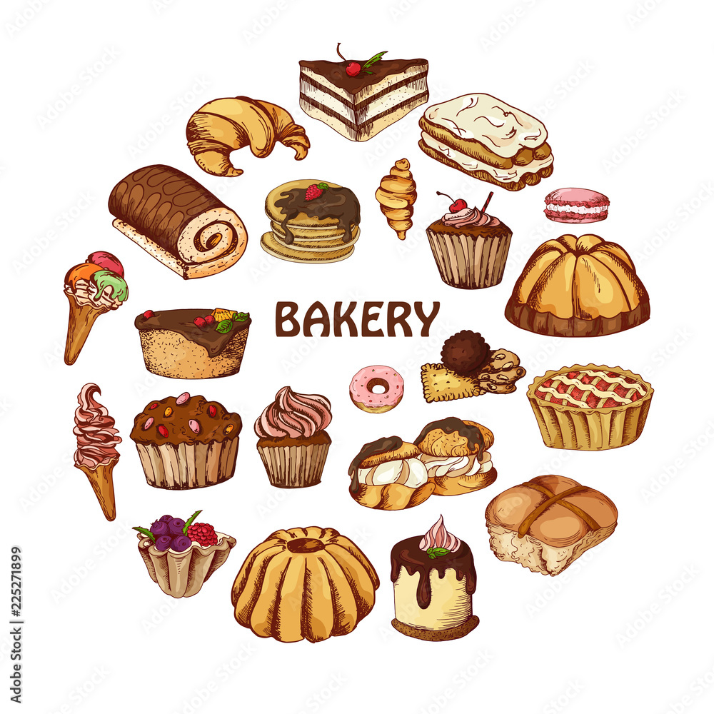 Vector desserts elements in hand drawn style. Delicious food. Art illustration. Sweet pastry for your design in cafe menu, posters, brochures