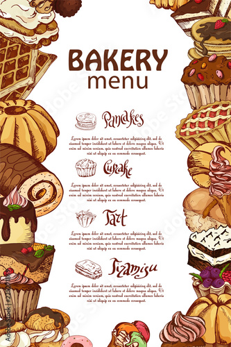 Vector template with hand drawn sketch bakery. Dessert menu design for restaurant or cafe. Cards with sweet bakery illustration