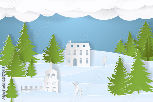Mountain village with paper art style in color. Landscape city with people for Christmas postcard. vector illustration