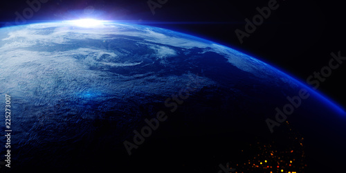 Fototapeta Naklejka Na Ścianę i Meble -  A view of the Earth from outer space/3D Rendering rotating planet Earth with a sun-baked side and a dark side with the lights of cities. Some elements of the image provided by NASA