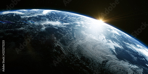 Fényképezés A view of the Earth from outer space/3D Rendering rotating planet Earth with a sun-baked side and a dark side with the lights of cities