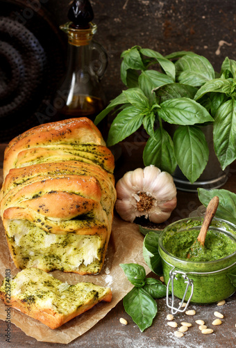 Homemade garlic bread and herbs