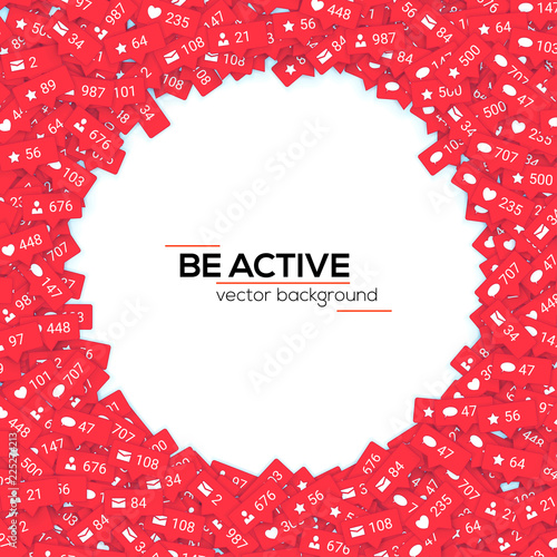 Red icons of social media network activity. Notification of likes, comments, follow and followers. Concept of media marketing. Sign of social network activity signs with counters. Vector 3D background