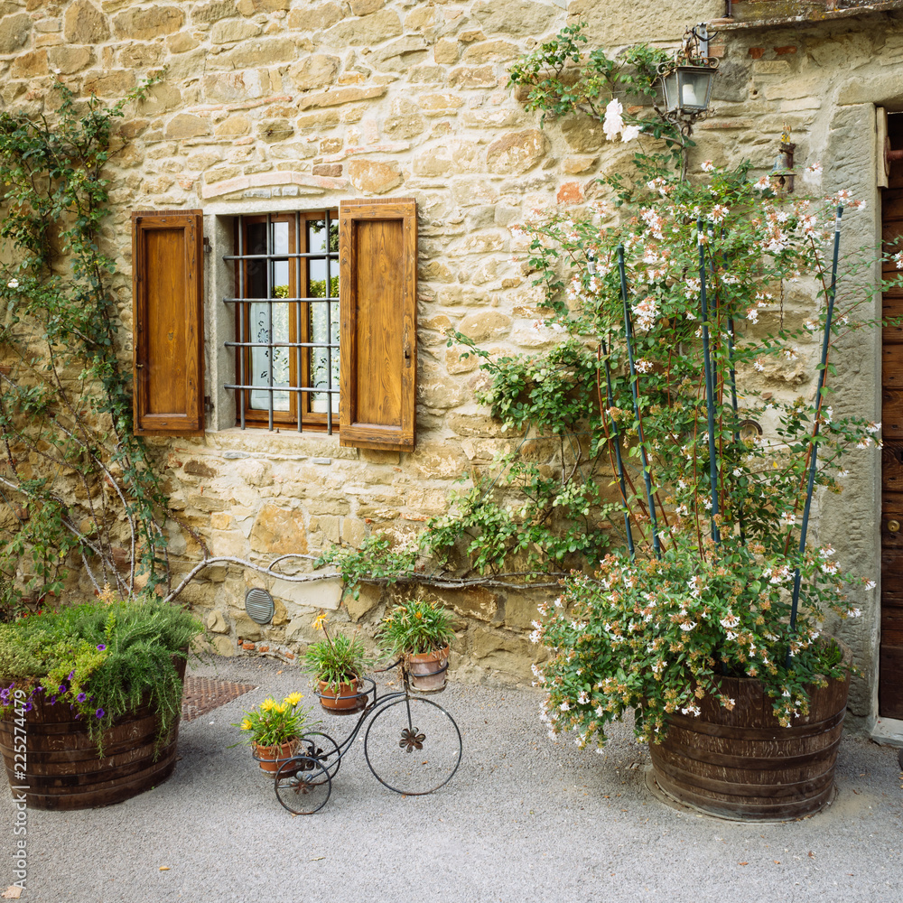 Beautiful flowers and bushes in front of stone wall in a small village of medieval origin. Volpaia, Tuscany, Italy.