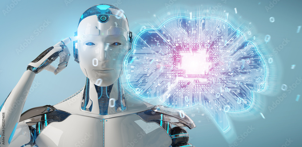 Naklejka premium Robot creating artificial intelligence in a digital brain 3D rendering