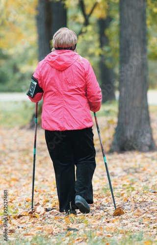 Elderly woman is involved in Scandinavian walking in the park. Back view
