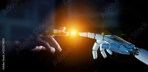 White cyborg finger about to touch human finger 3D rendering