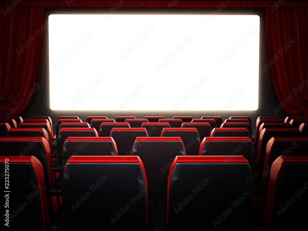 Empty red movie theater seats and blank cinema screen. 3D illustration Empty red movie theater seats and blank cinema screen. 3D illustration